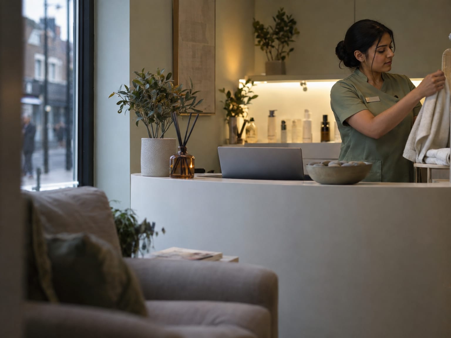 A clinic receptionist lifting a towel from a rack behind a white reception desk in the evening