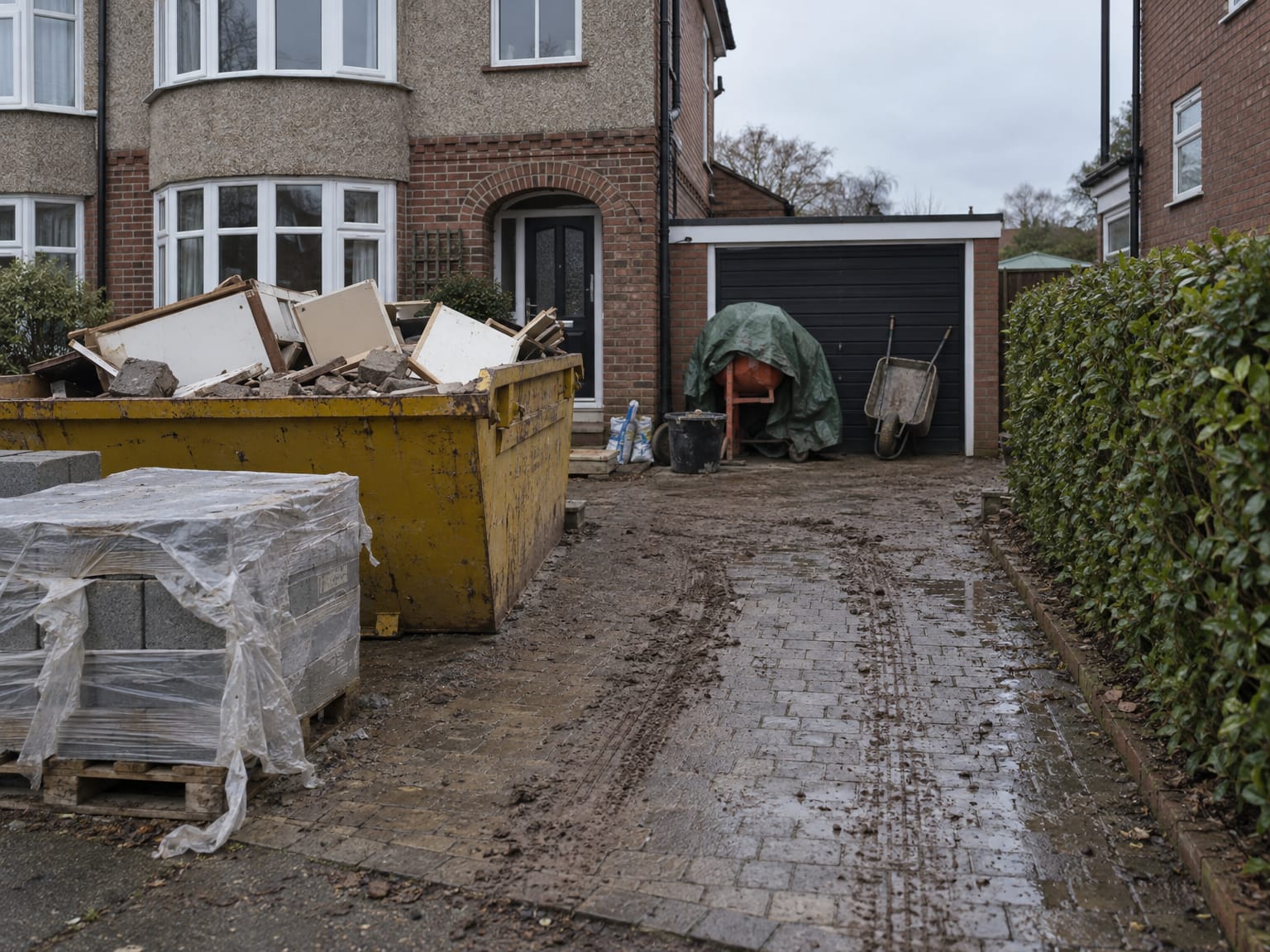 A skip, a pallet of blocks and a covered mixer on the muddy drive of a 1930s semi