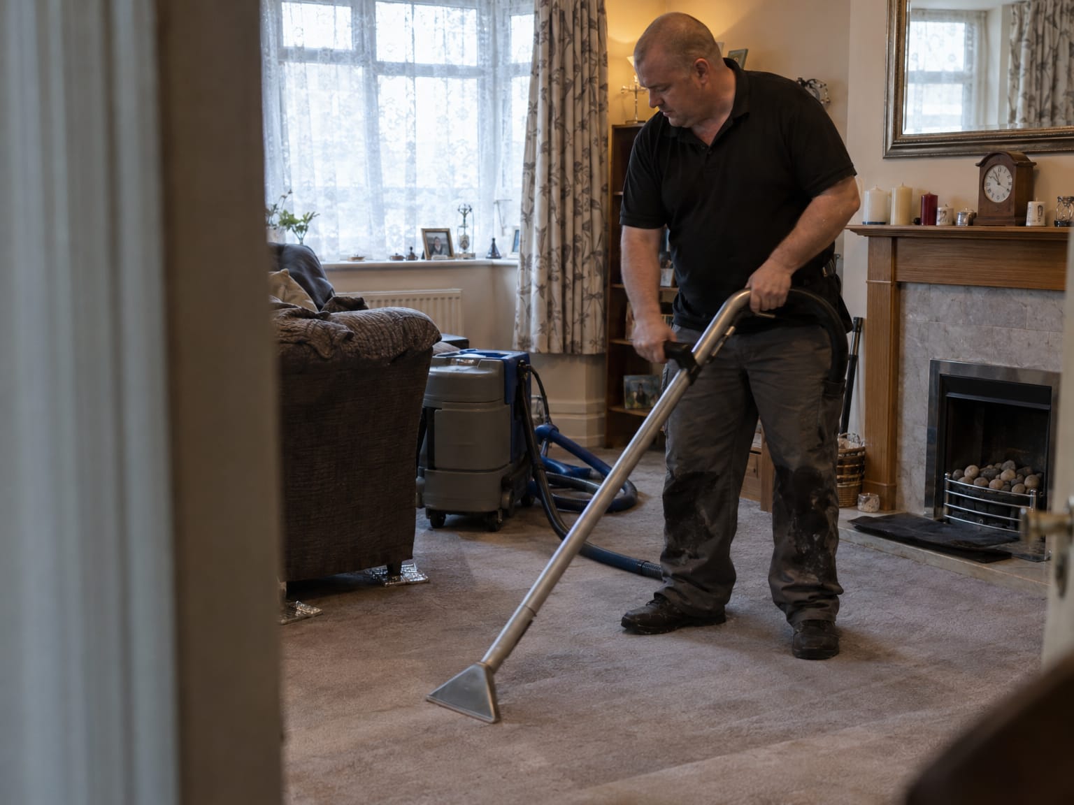 A carpet cleaner pulling an extraction wand across a lounge carpet, furniture pushed back to the walls