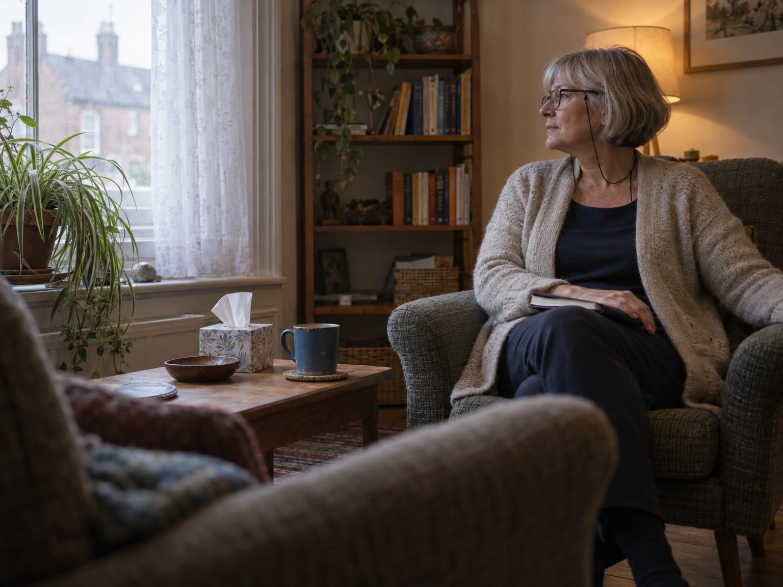 A counsellor sitting upright in an armchair between sessions, a closed notebook on her knee, looking at a net-curtained window