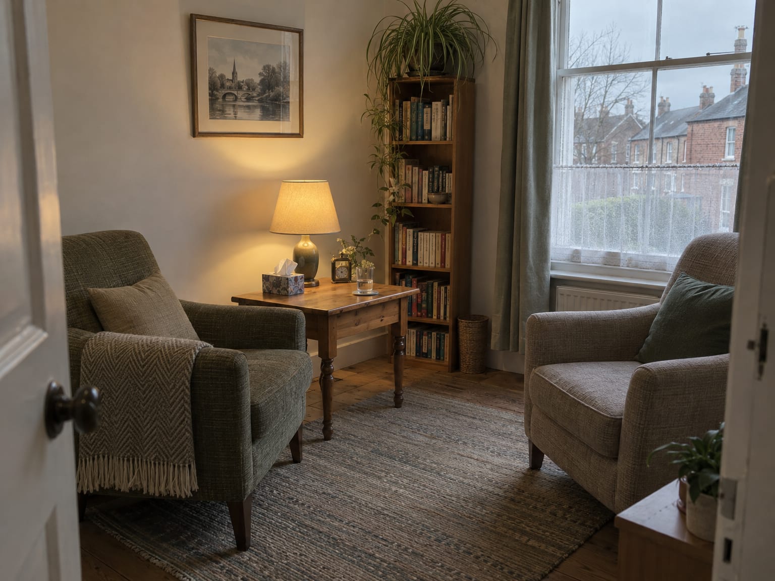 An empty therapy room with two armchairs, a low table with tissues and a lamp, grey light at the sash window