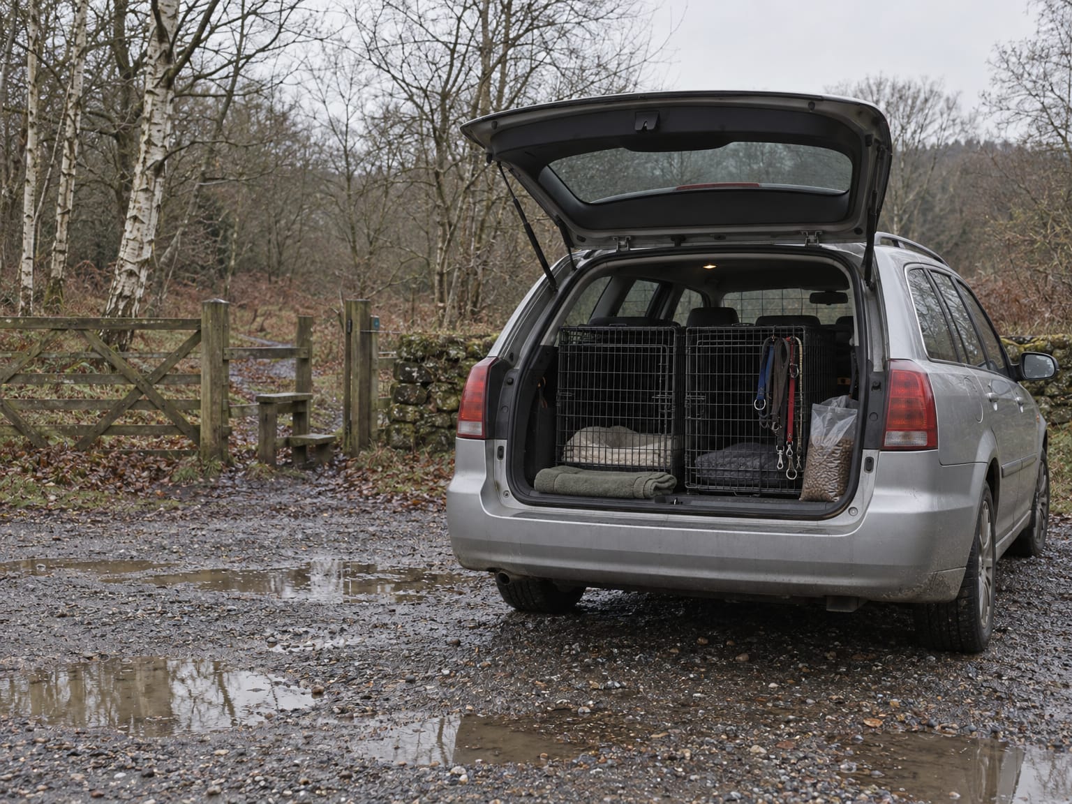 An estate car with its boot open in a woodland car park, two empty dog crates and leads inside