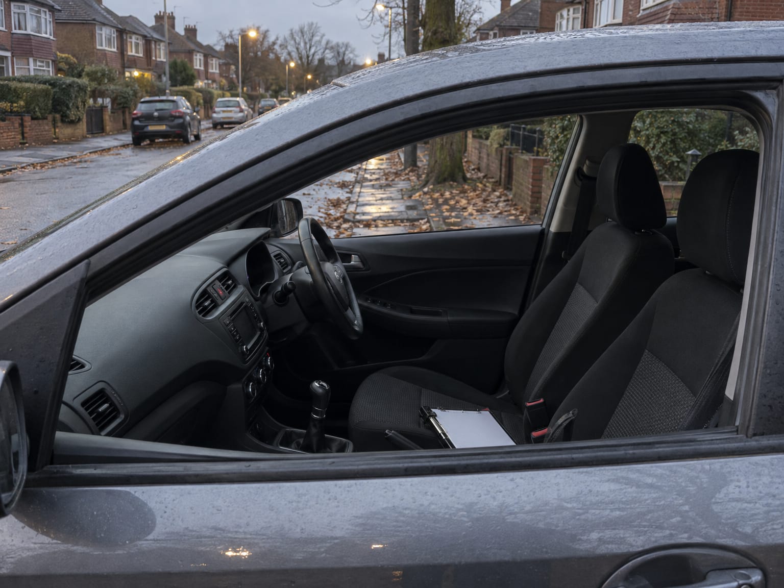 An empty dual-control car parked at the kerb at dusk, a clipboard on the passenger seat
