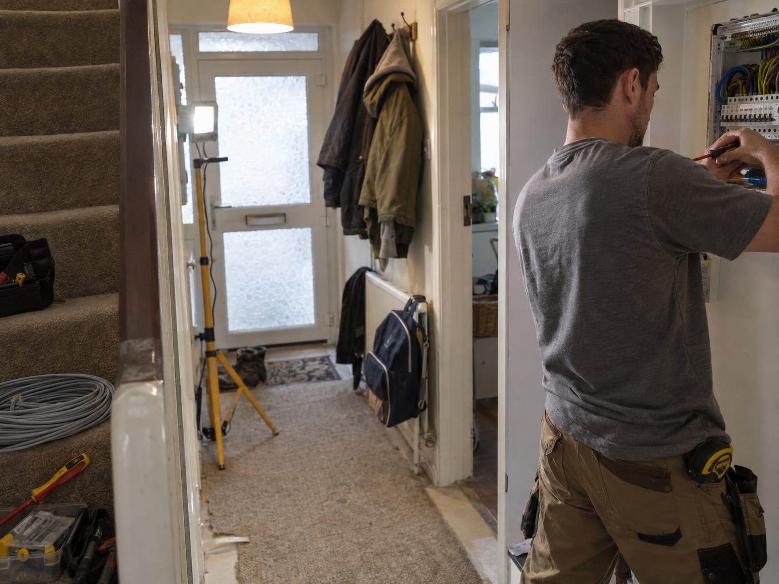 An electrician standing at an open consumer unit in a hallway, lit by a work light