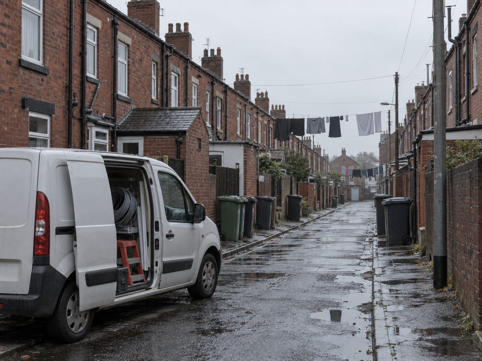 A small white van on a wet terraced street in Leeds, side door open on reels of cable