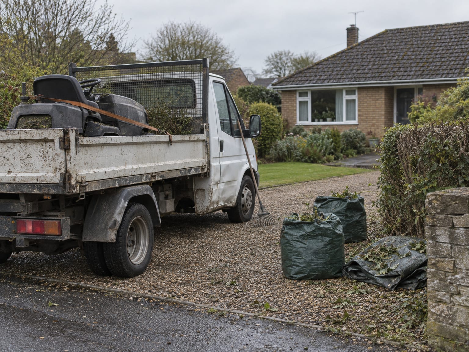A white tipper van on a gravel drive beside a half-cut privet hedge, green waste bags on the ground