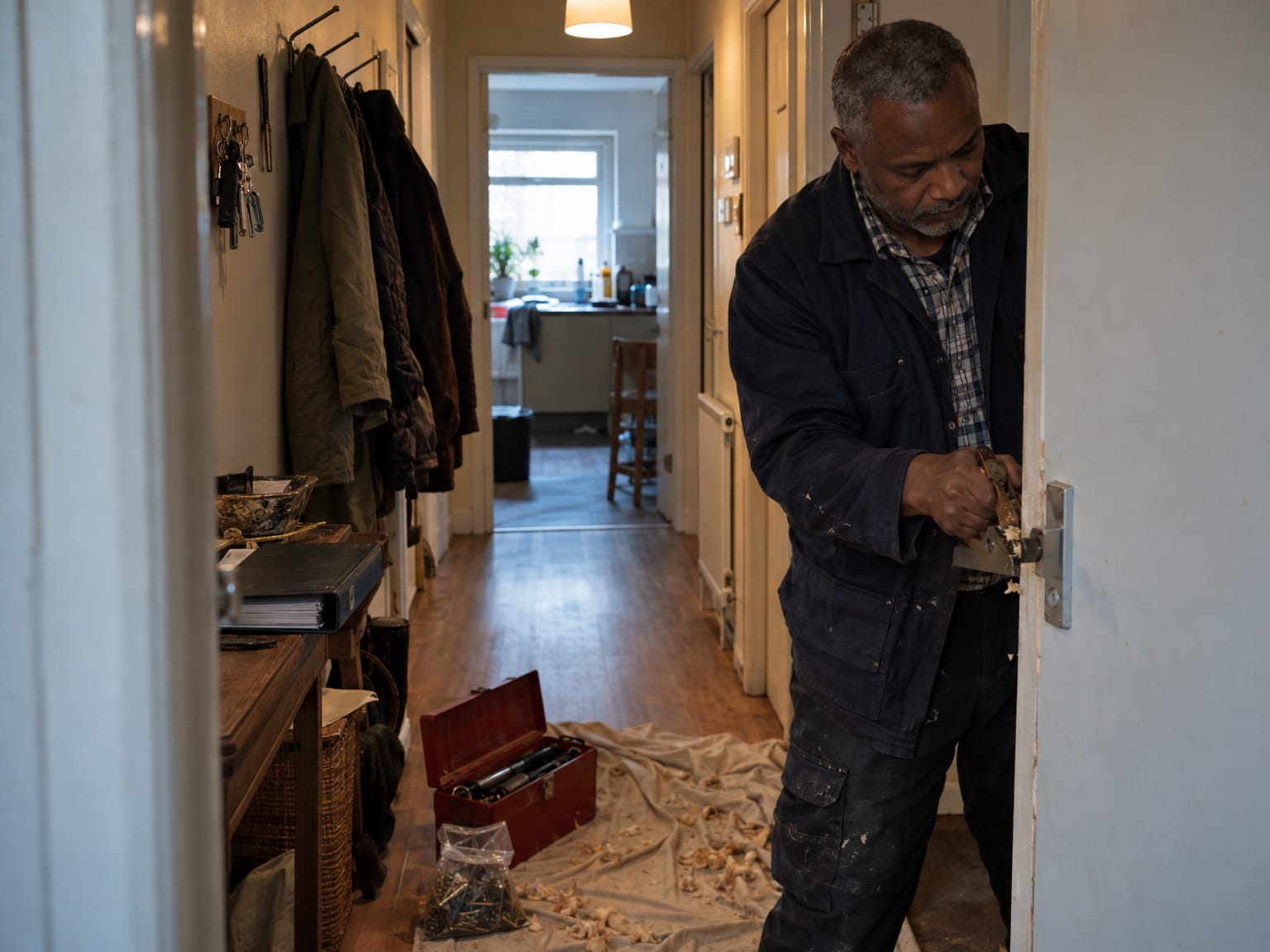 A handyman planing the edge of a sticking door in the hallway of a flat
