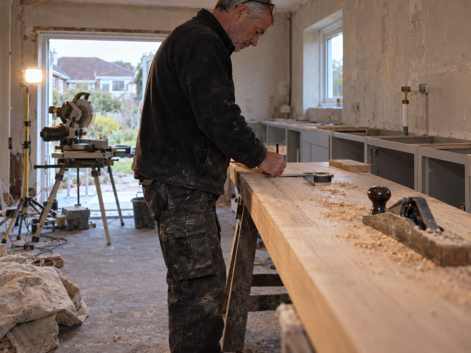 A joiner marking a scribe line on an oak worktop on trestles in a stripped-out kitchen