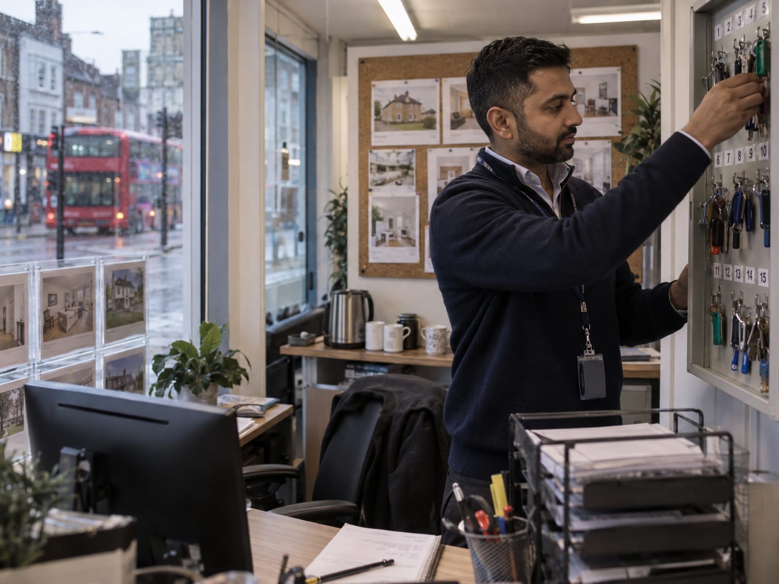 A lettings negotiator hanging keys in a key cabinet in a small agency office