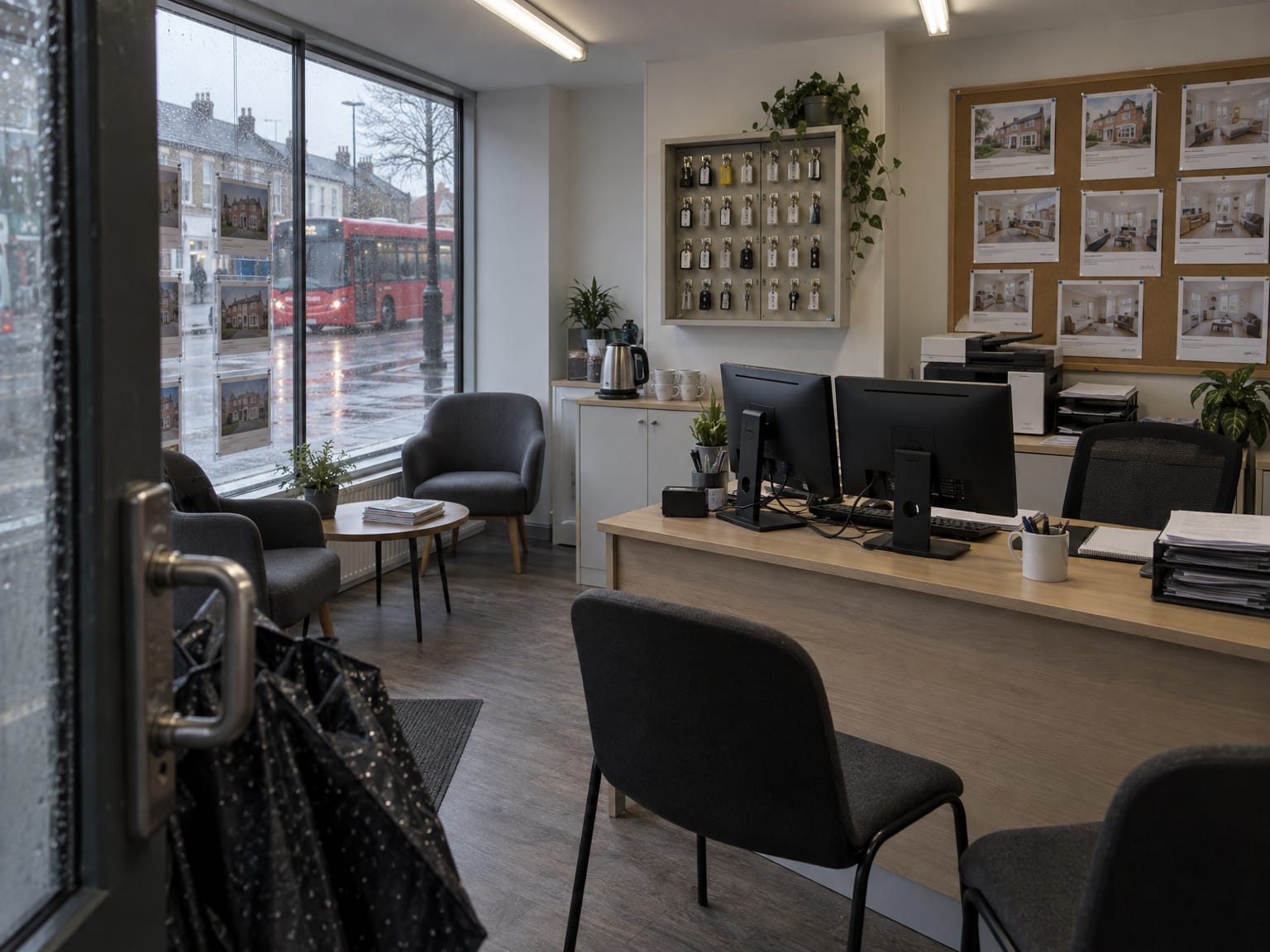 A small letting agency office with a key cabinet and a corkboard on a wet morning