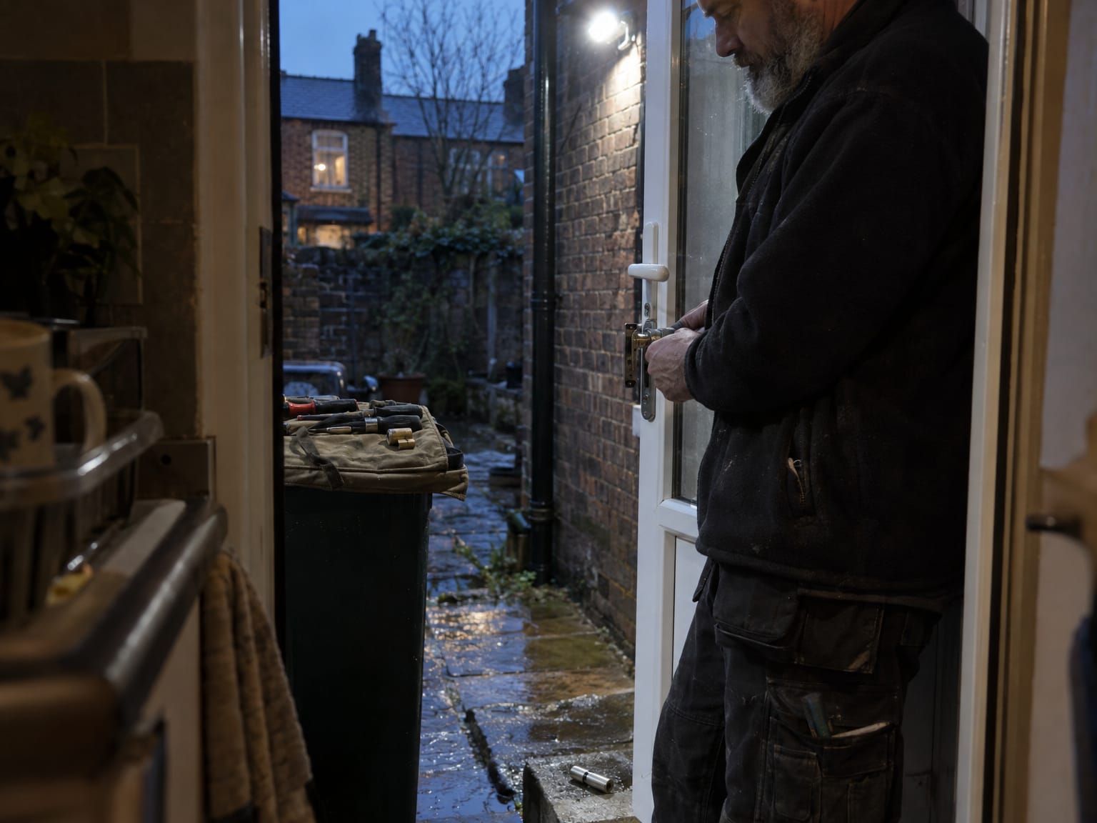 A locksmith fitting a new cylinder in a UPVC back door at dusk, seen from the kitchen