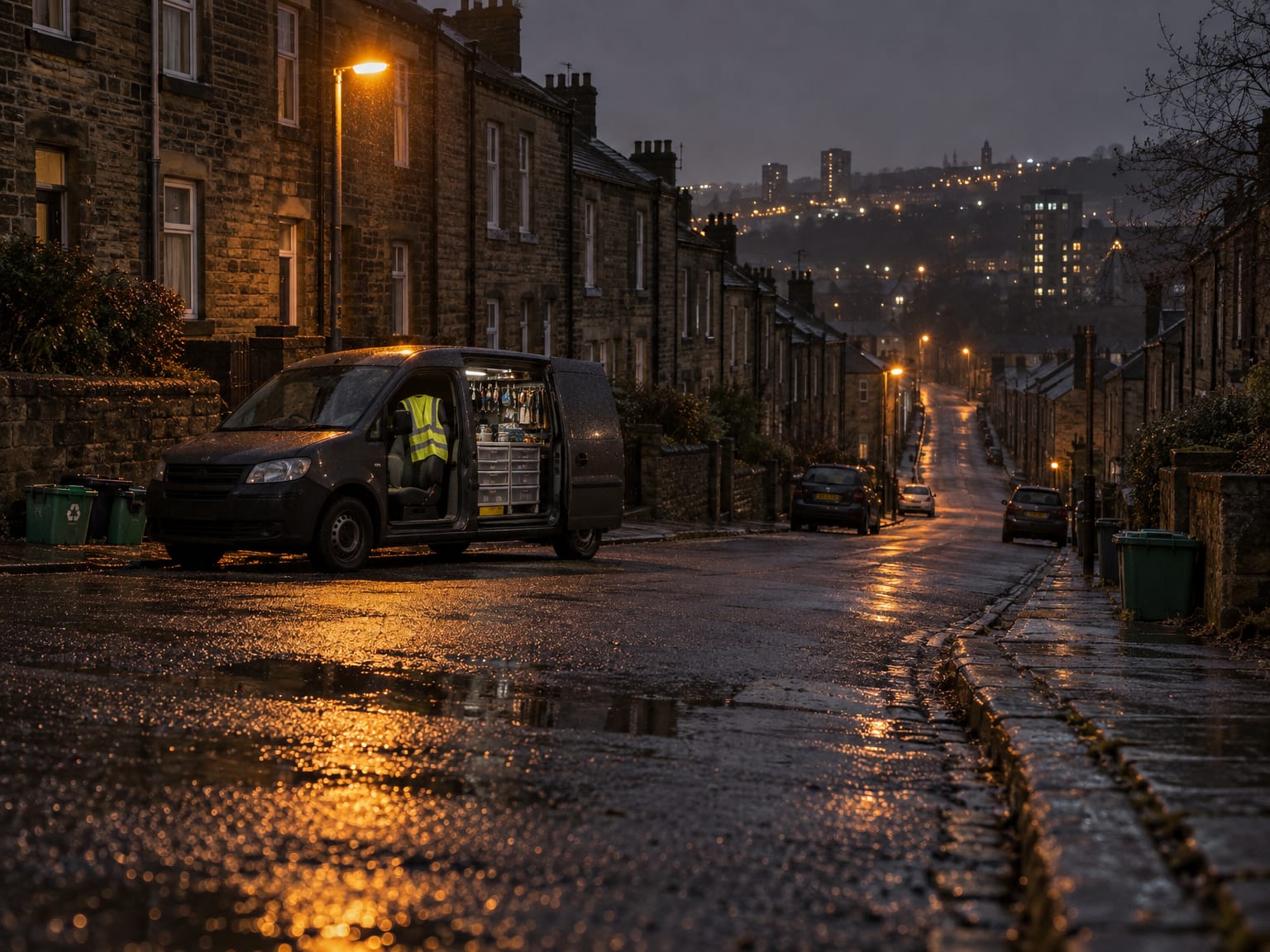 A grey van under a streetlamp on a steep wet terraced street at night, side door open