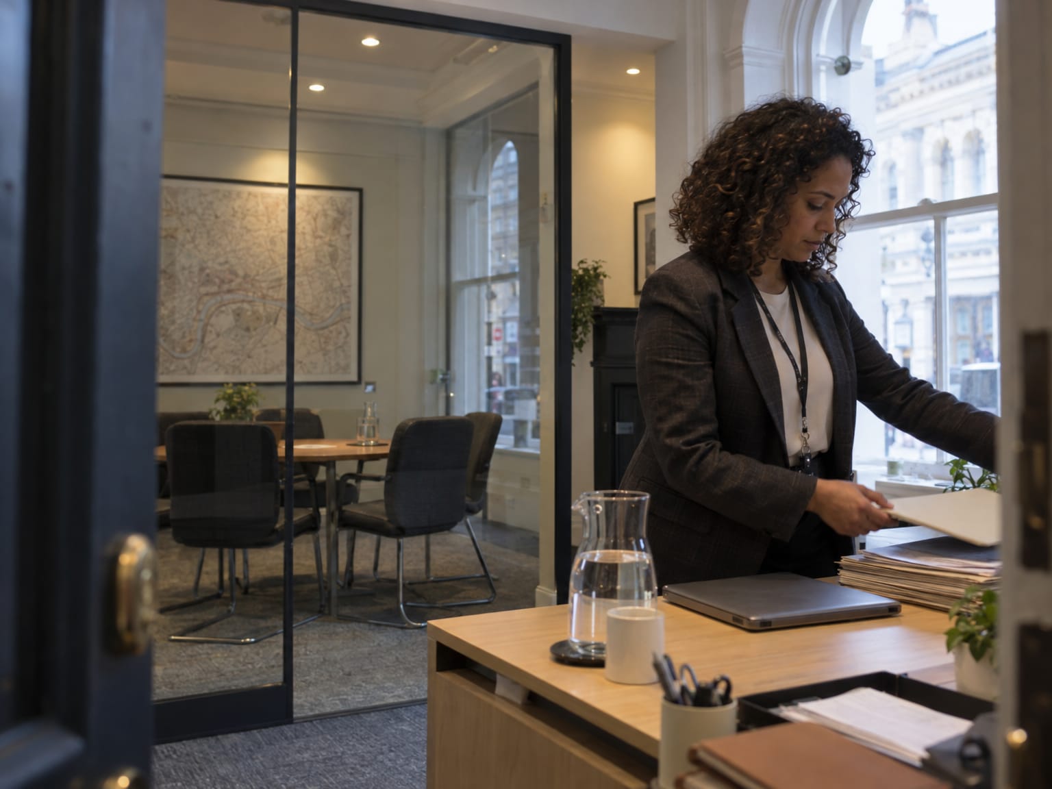 An office administrator lifting a folder from a stack on an oak desk in a small mortgage firm