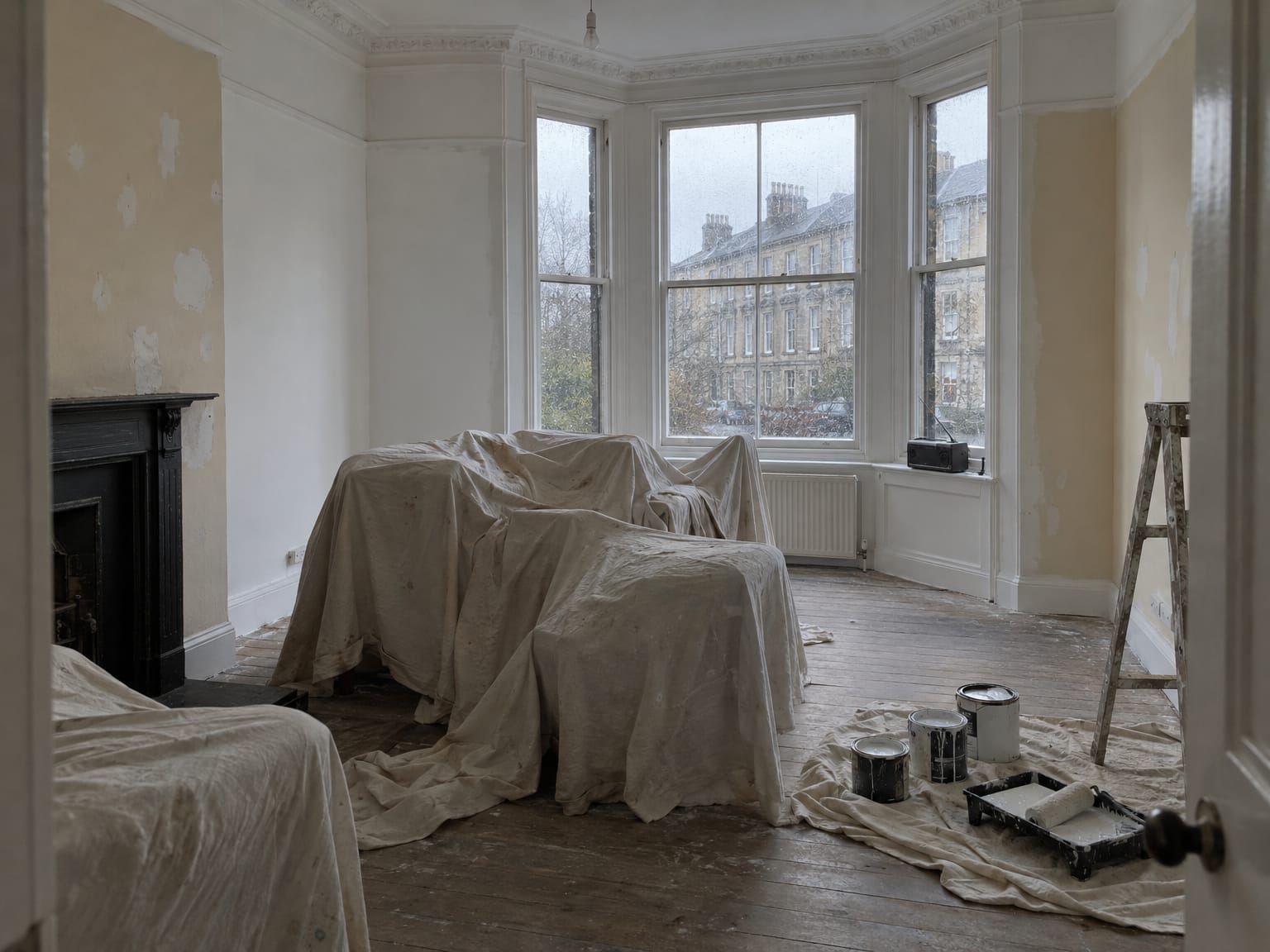 An empty front room mid-repaint, furniture under dust sheets, rain on the sash windows