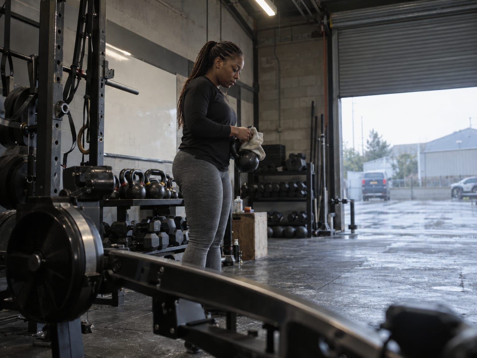 A personal trainer wiping down a kettlebell in a small gym in an industrial unit, shutter half up