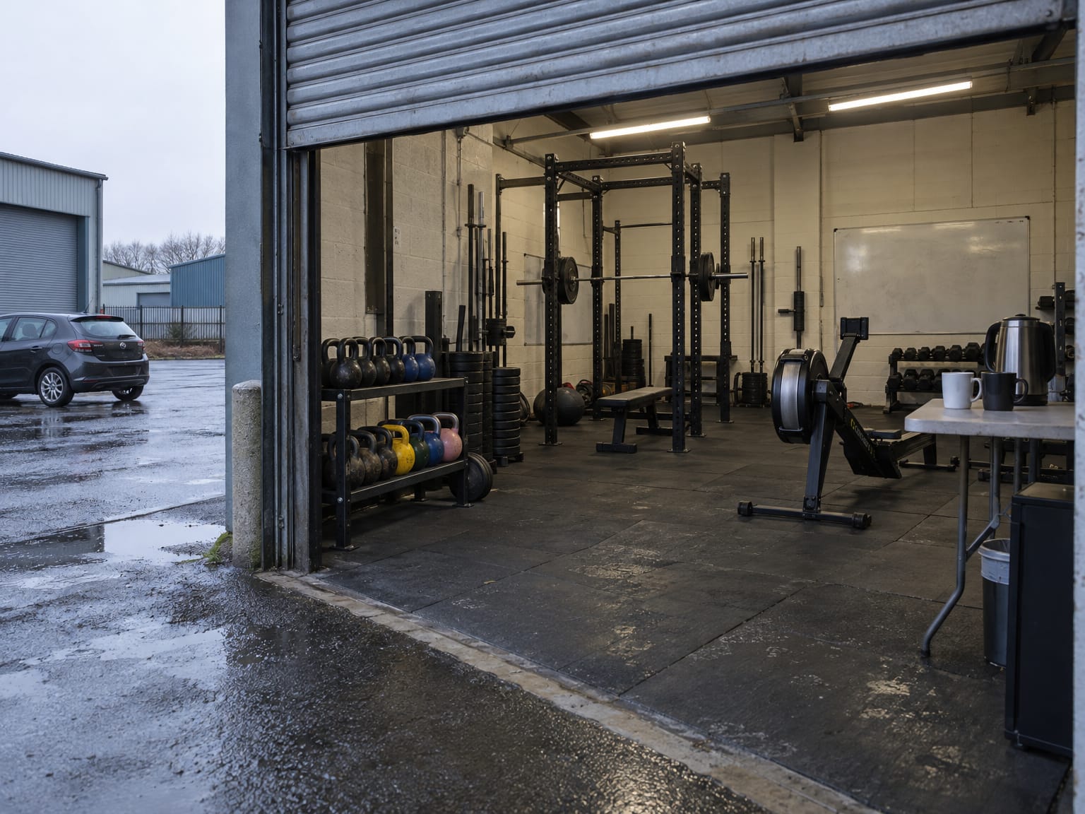 An empty small gym in an industrial unit, the roller shutter half up and kettlebells on a rack