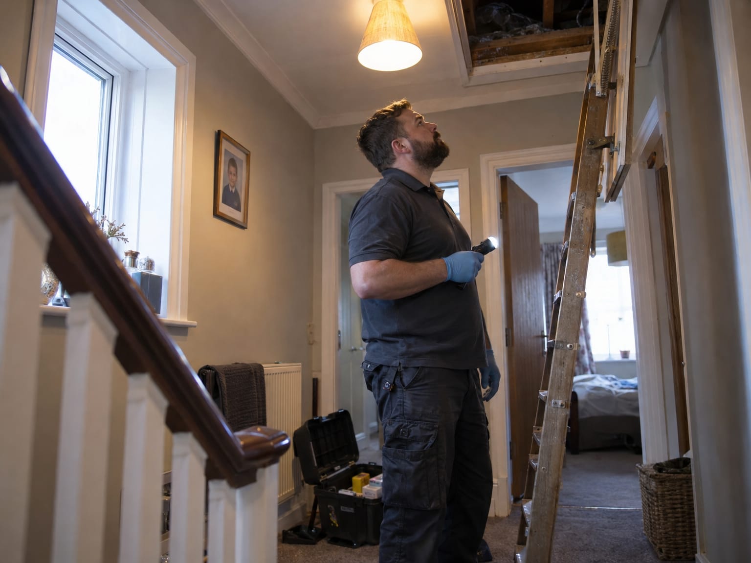 A pest control technician on a landing looking up at an open loft hatch with a torch