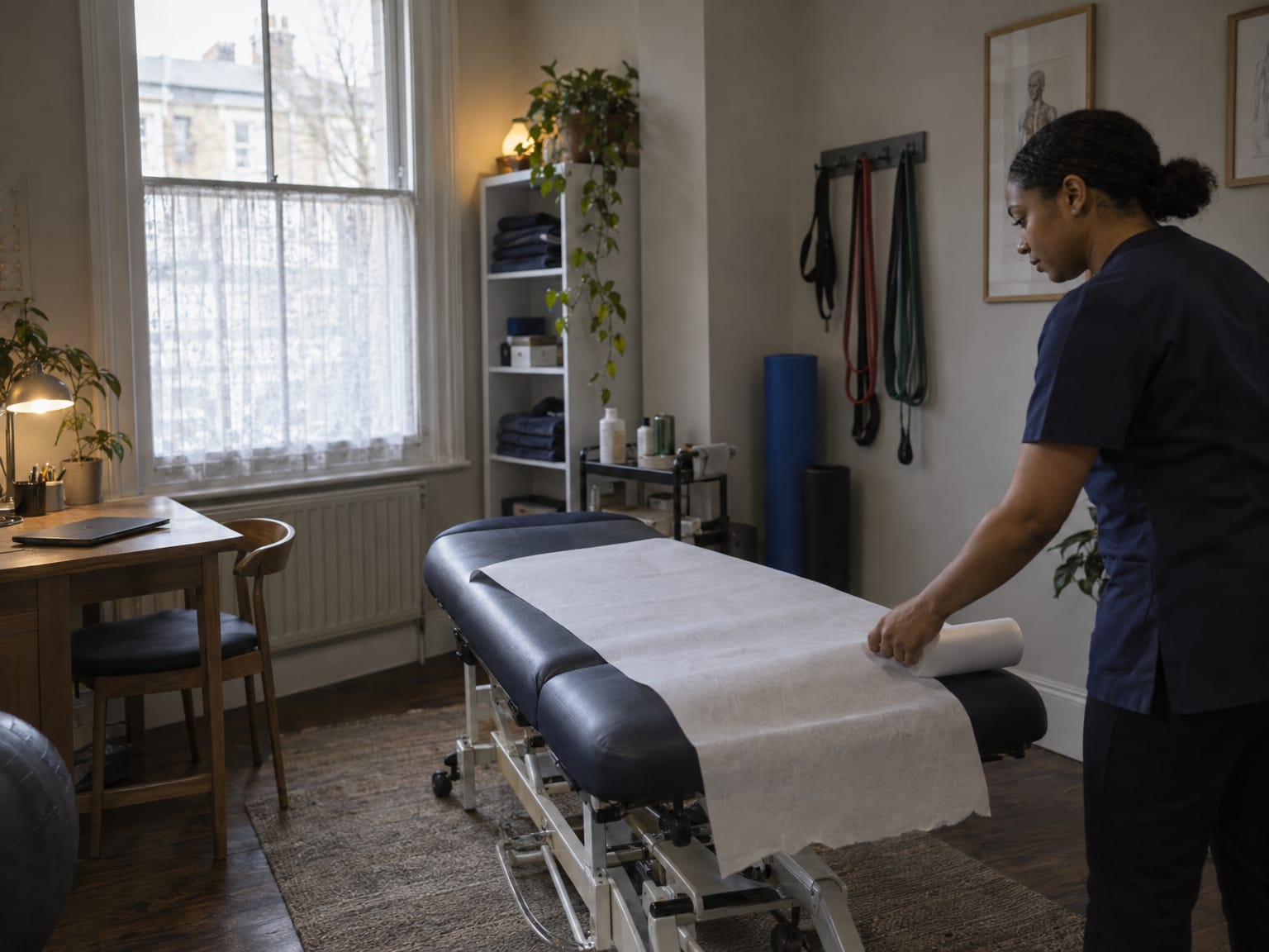 A physiotherapist pulling a fresh paper roll across an empty treatment couch