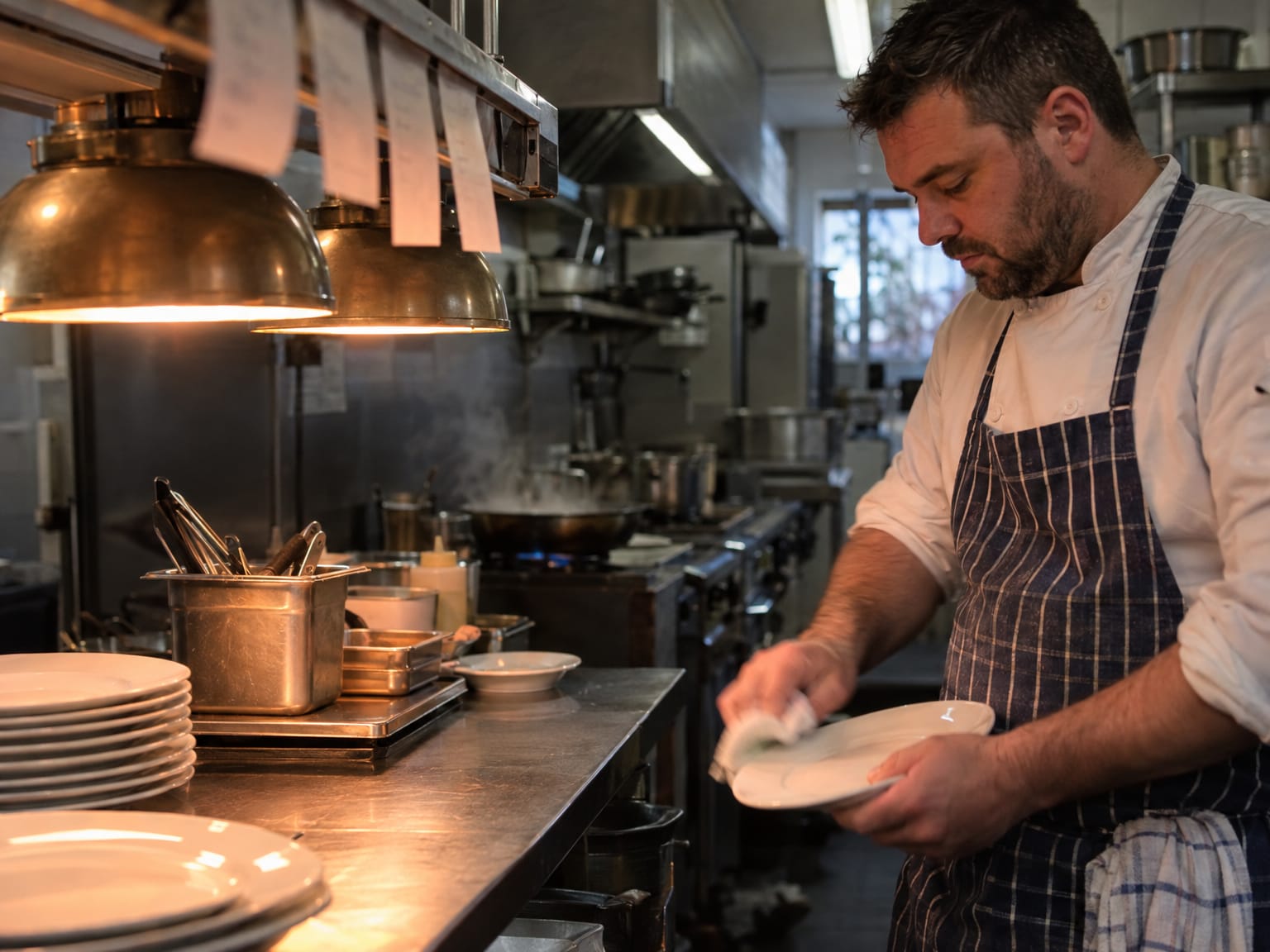 A chef in whites standing at a stainless steel pass under heat lamps, wiping the rim of a white plate