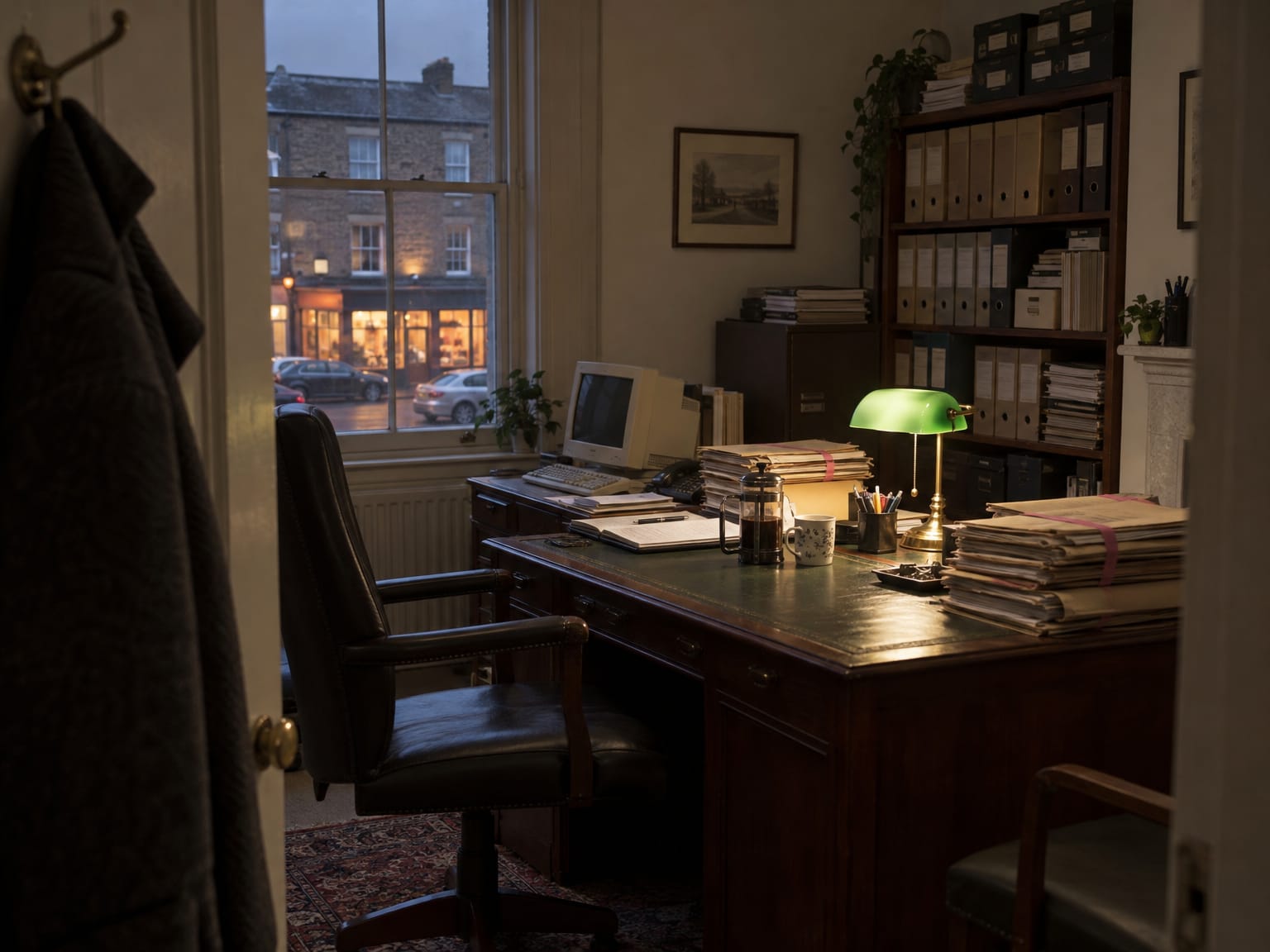A small solicitors’ office in the early evening, files tied with tape on a leather-topped desk