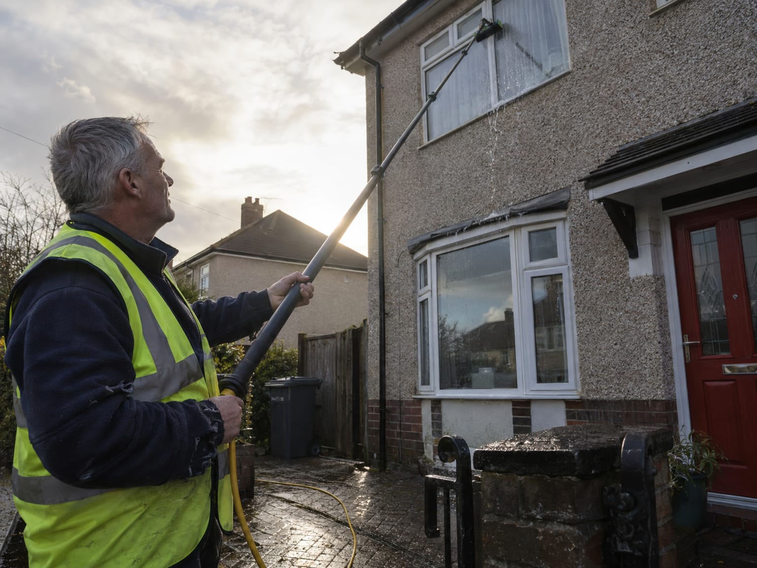 A window cleaner on a drive working a water-fed pole up to the bedroom windows of a pebble-dashed semi