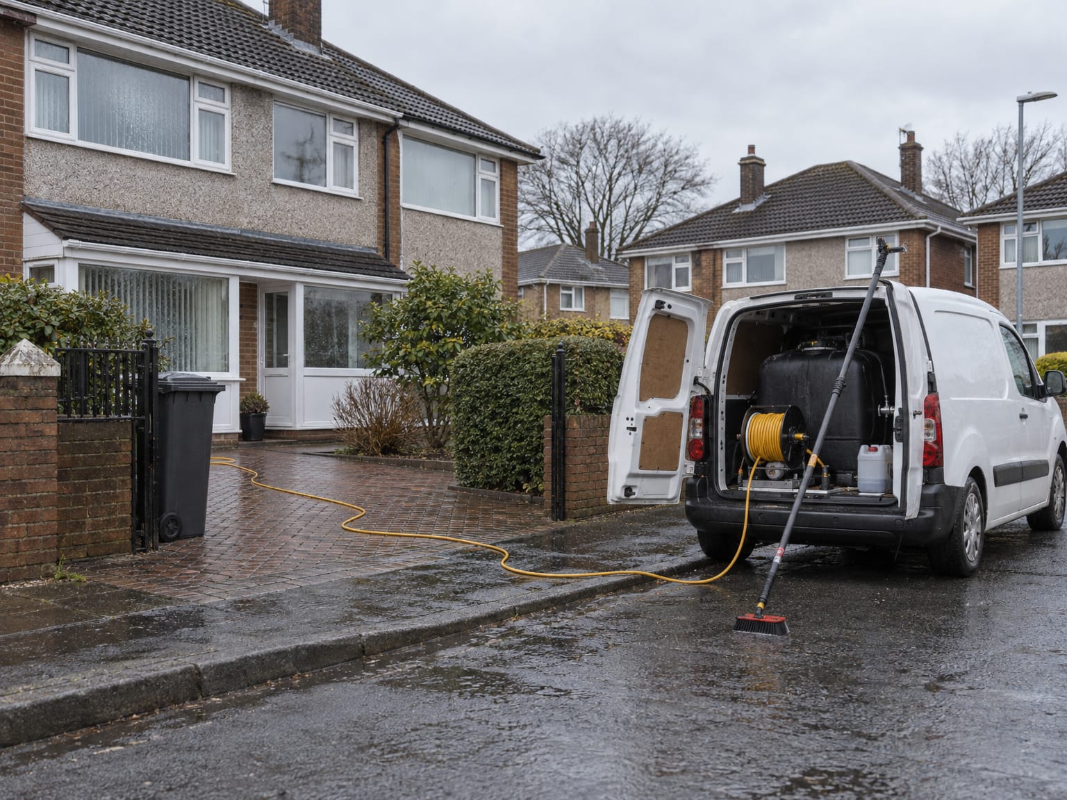 A small van with a water tank and hose reel in the back, parked in a cul-de-sac of semis, a pole against it